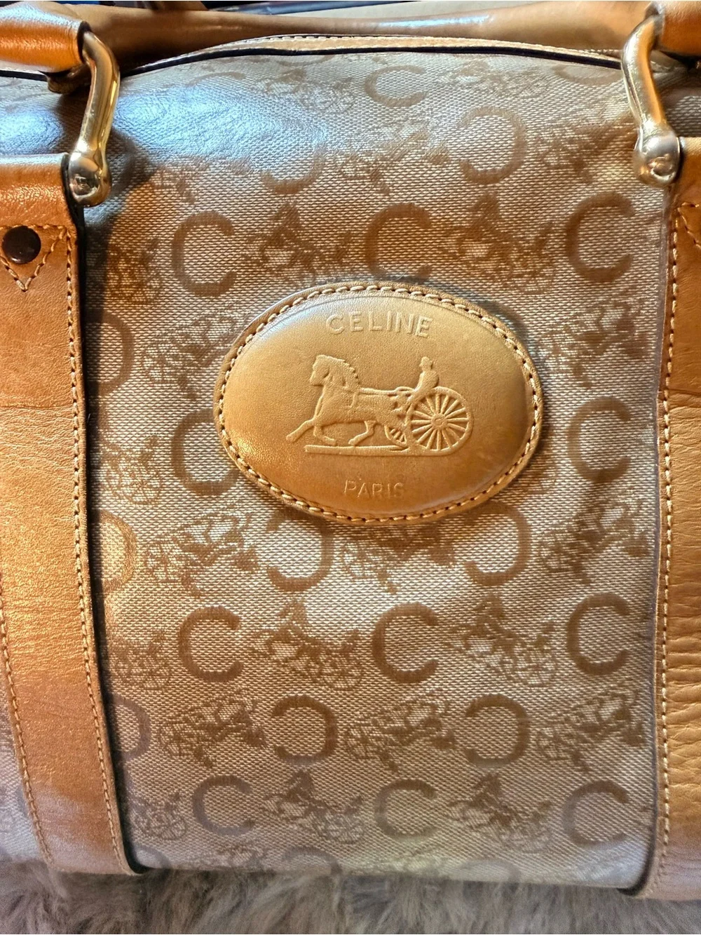 Celine Vintage Tan Monogram Travel Duffel